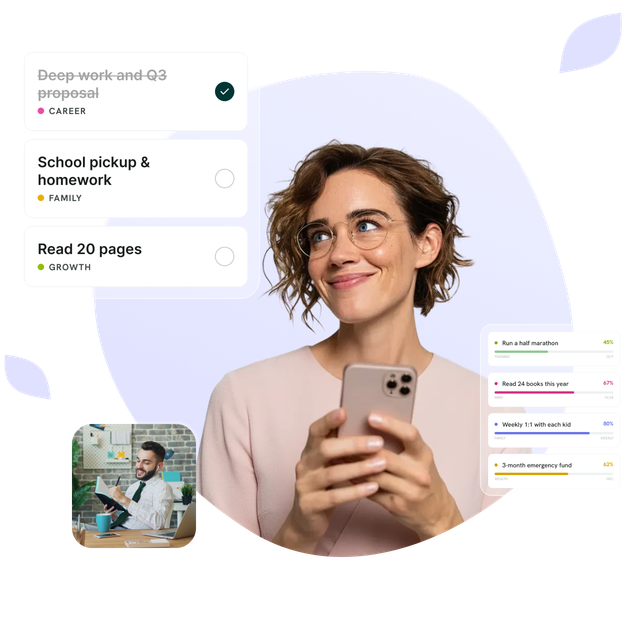 Smiling woman using a mental wellness app on her phone, with a view of a course, breathing exercises and family relationships